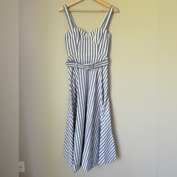 NEW Cara Cara Calypso Midi Dress Ivory Blue Striped Seersucker | US 2 UK 6 - Picture 8 of 14